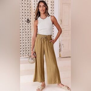 ANRABESS High Waist Wide Leg Linen Blend Cropped Pants Khaki XL NWT